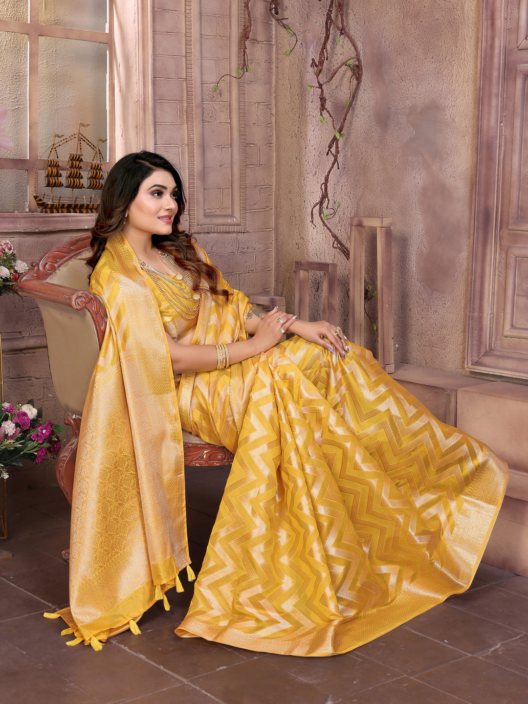 Yellow Dwija Soft Organza Silk Banarasi Saree With Unique Butta With Unique Colours