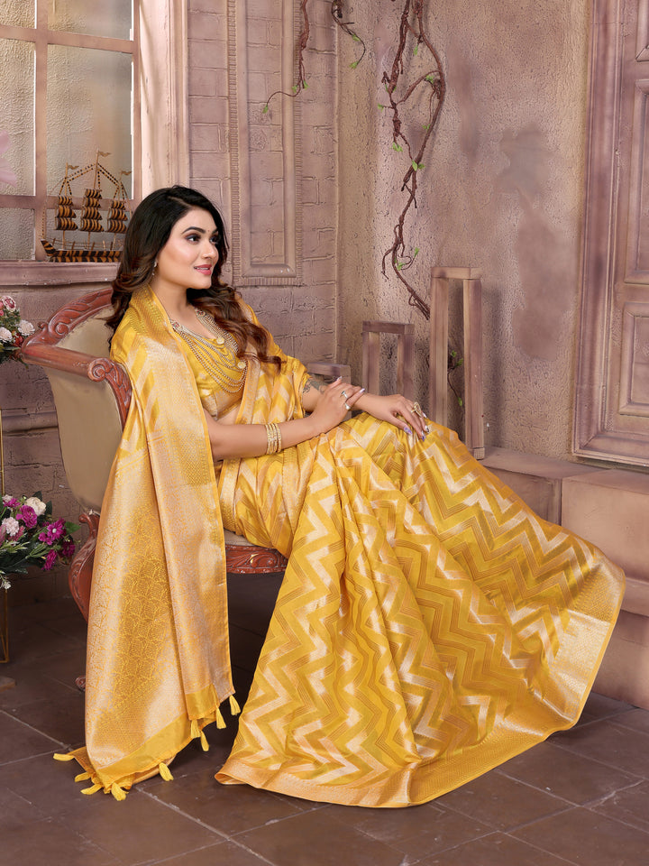 Yellow Dwija Soft Organza Silk Banarasi Saree With Unique Butta With Unique Colours