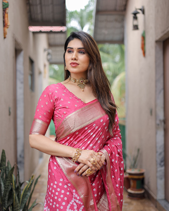 Pink Yashomati Dola Soft Silk Bandhej Sarees With Awesome Two Sides Jari Border &  Paithani Style Rich Pallu
