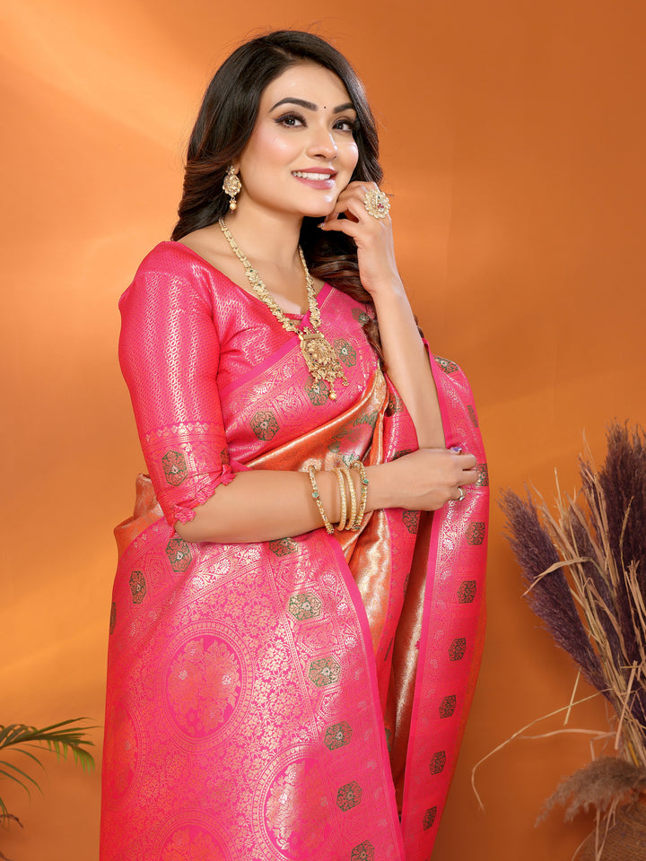Peach Saroj Banarasi Silk Saree With Contrast Paithani Woven Borders & Pallu