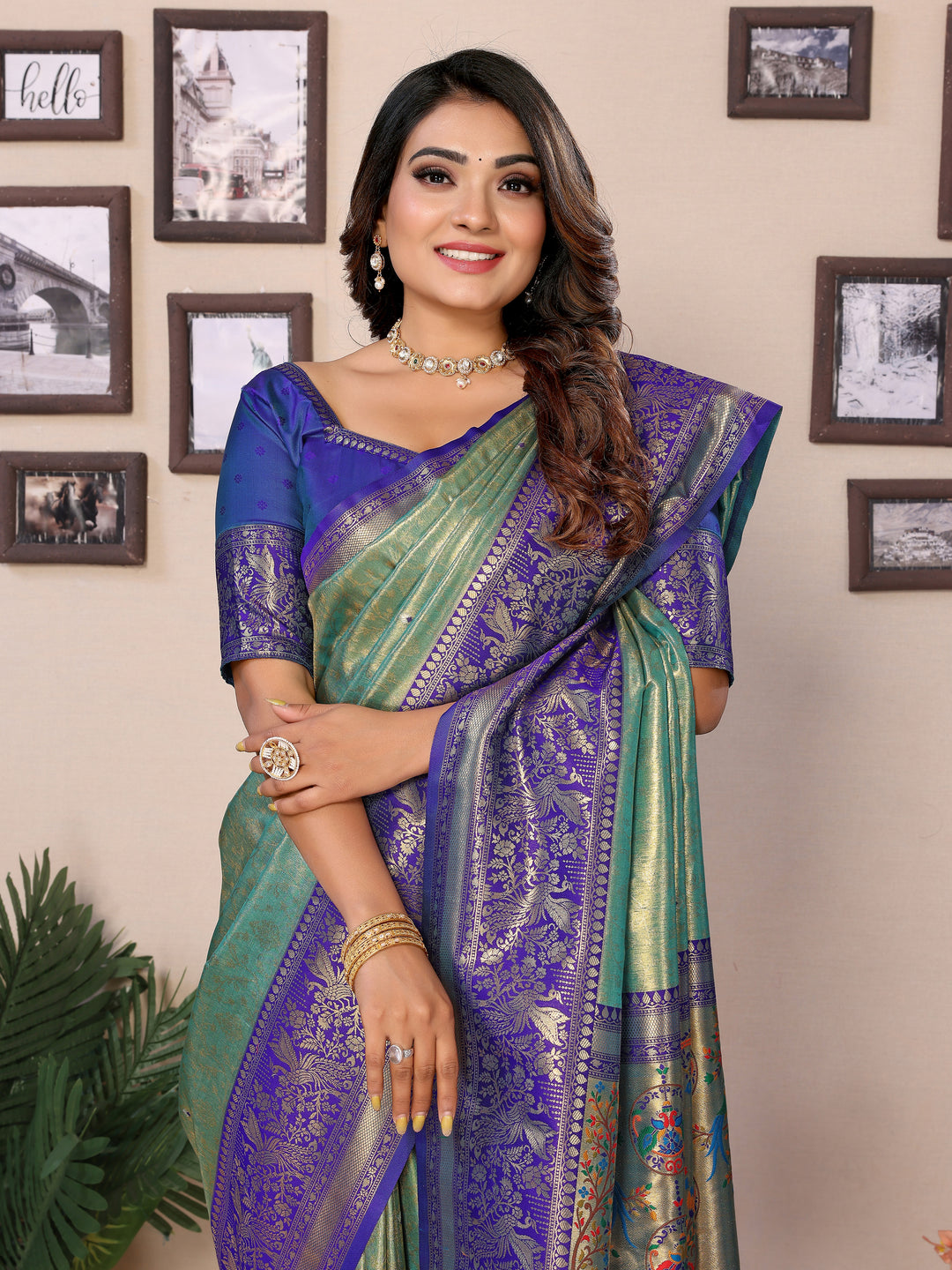 Green Vantara Banarasi Tissue Silk Saree With Contrast Paithani Woven Borders & Pallu
