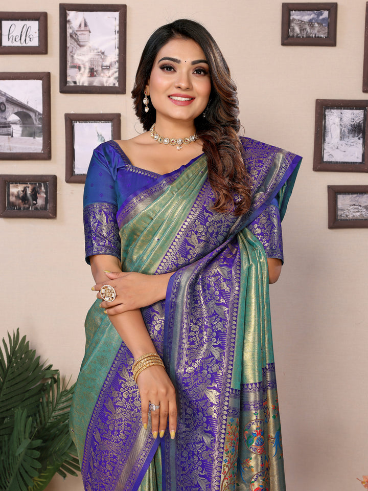 Green Vantara Banarasi Tissue Silk Saree With Contrast Paithani Woven Borders & Pallu