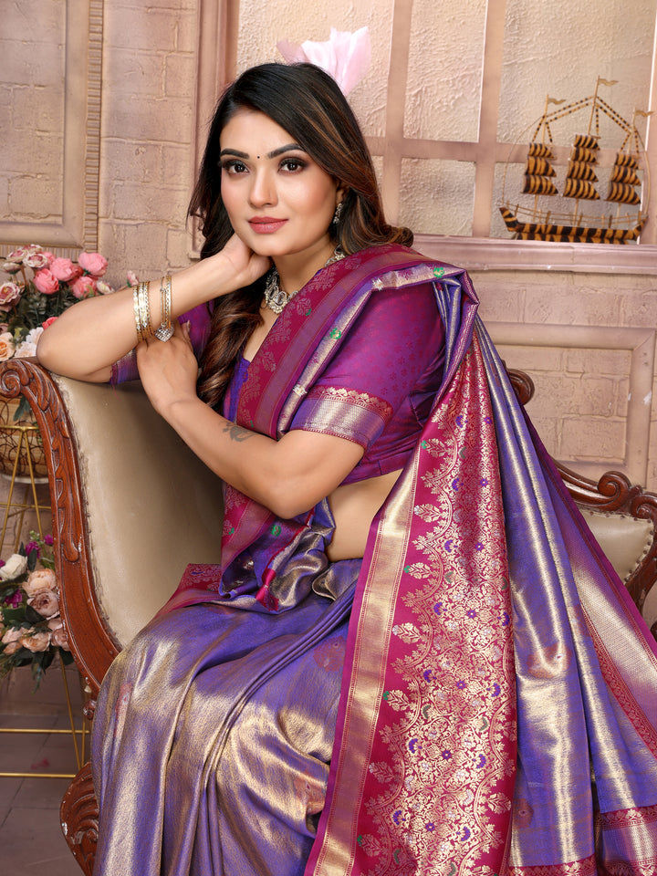 Purple Sundari Banarasi Tissue Silk Saree With Contrast Banarasi Woven Borders & Pallu