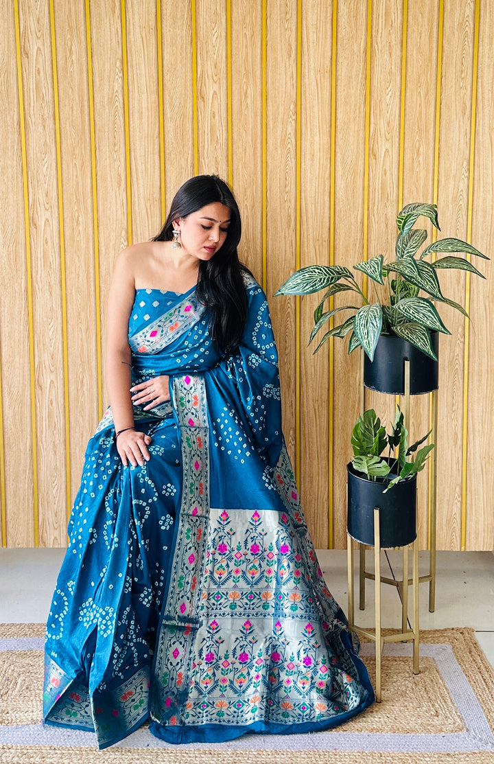 Sky Blue Deewani Pure Bandhej Silk Saree With Patola Border With Zari Weaving Paithani Rich Pallu Saree