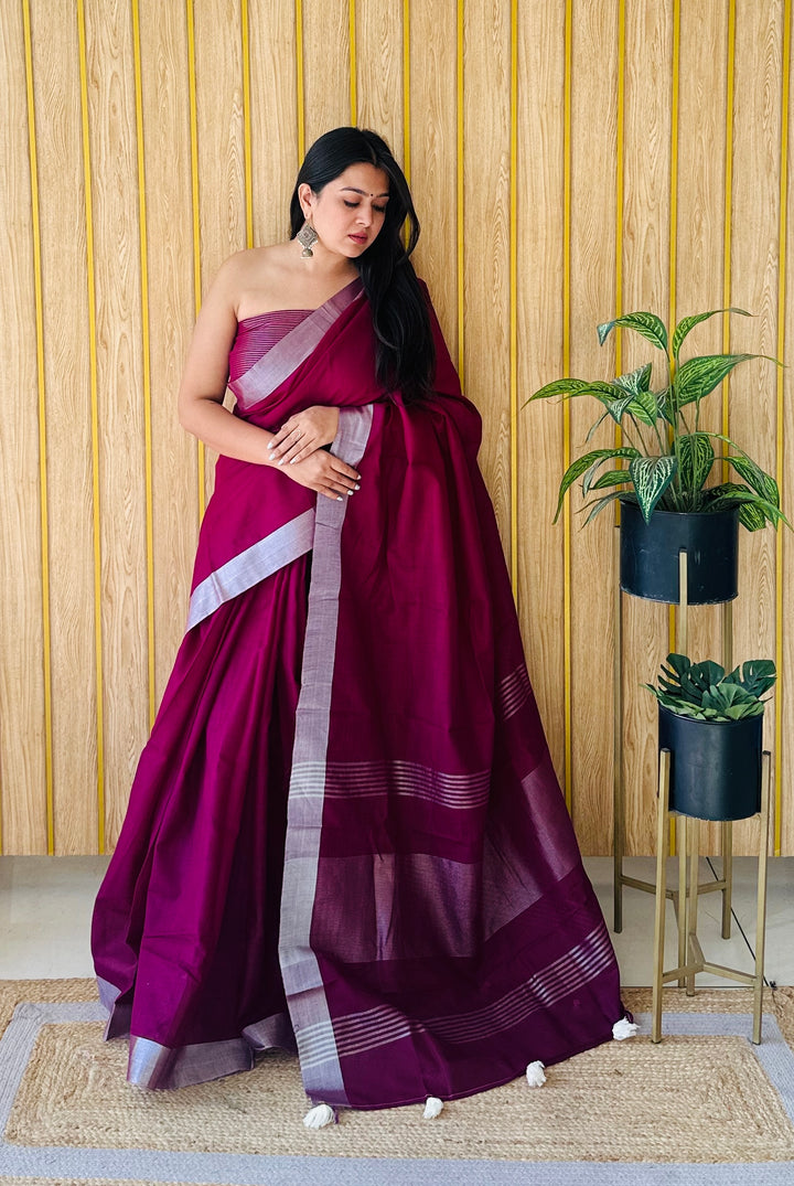 WINE Amanat Linen Cotton Saree With Silver Jari Border And Silver Border Blouse