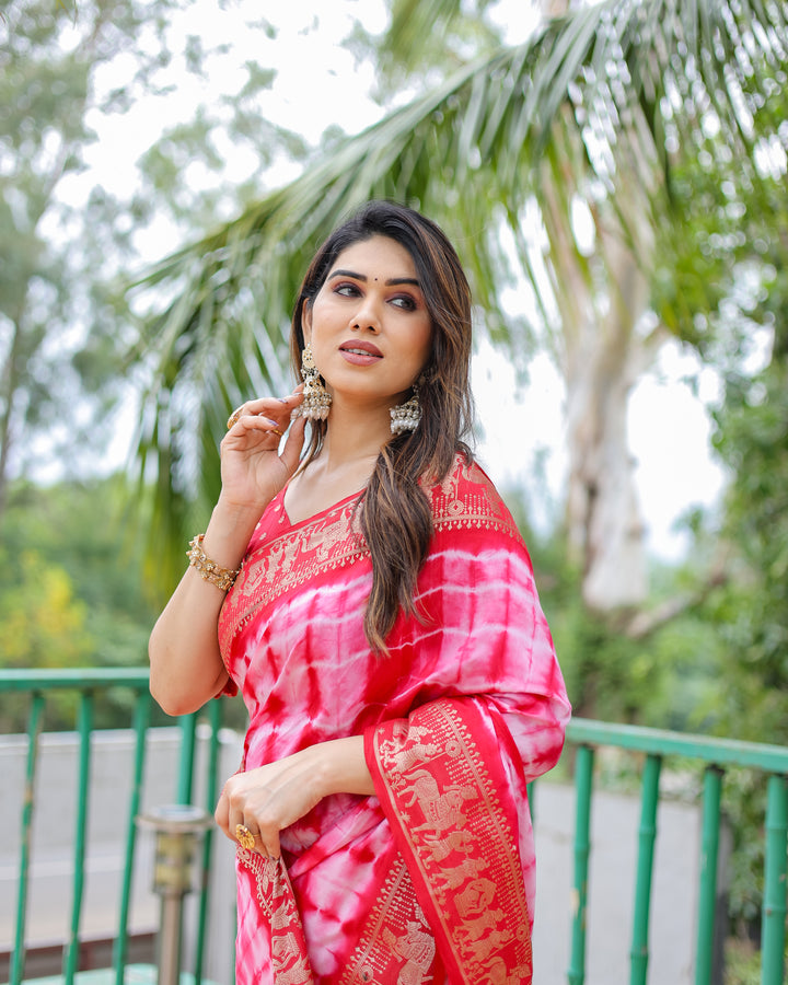 Pink Rangavelly Sibori Print Paithani Silk Sarees With Gold Zari Paithani Border & Contrast Rich Pallu