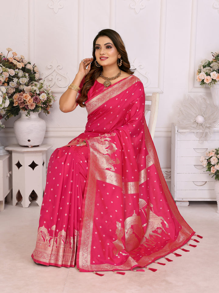 Pink Heena summer kochi silk saree with beautiful Bandhej weaving work soft comfy....