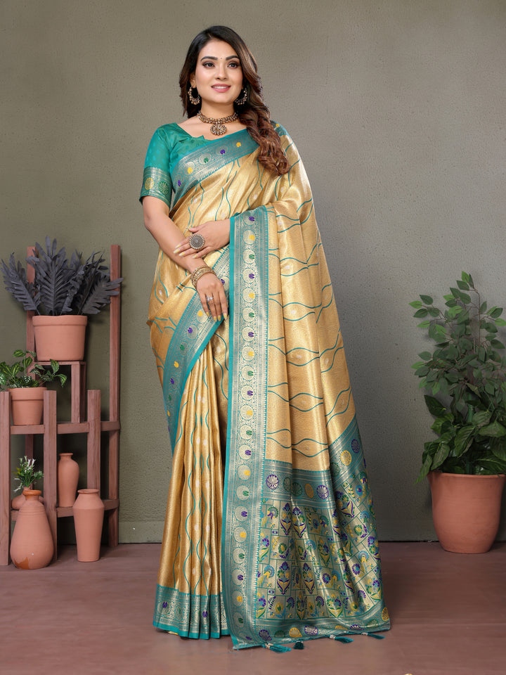 Yellow Vasant Banarasi Tissue Silk Saree With Laheriya Woven Borders & Contrast Banarasi Pallu