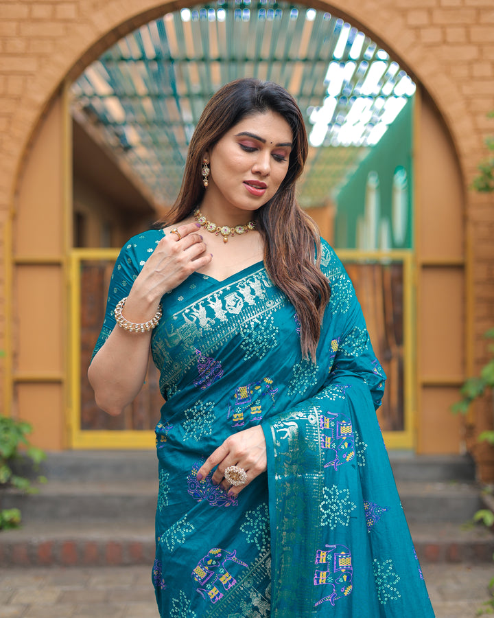 Sky Mastani Soft Dola Silk Bandhej Print Sarees With Kanchi Weaving Border And Allover Zari Border