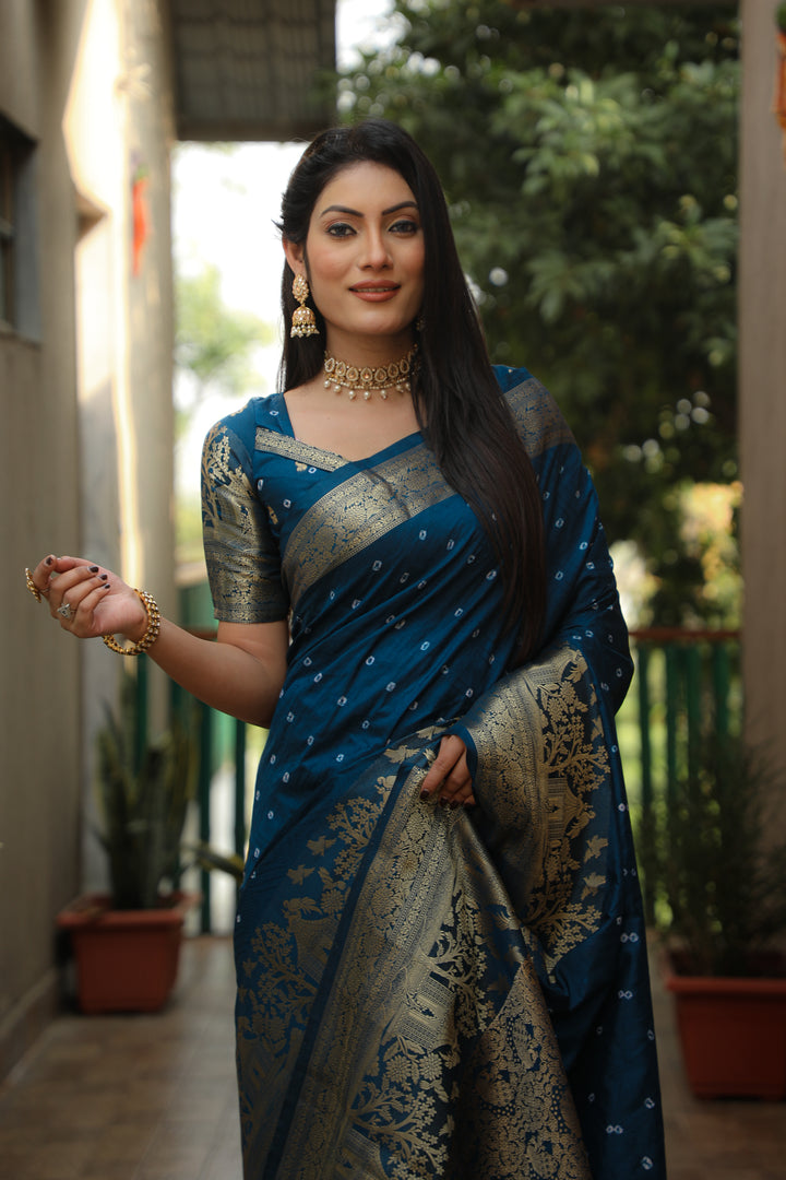Blue Suvarna-3 Bandhej Kanjivaram silk saree And Kanjivaram Border with Zari Weaving Rich Pallu