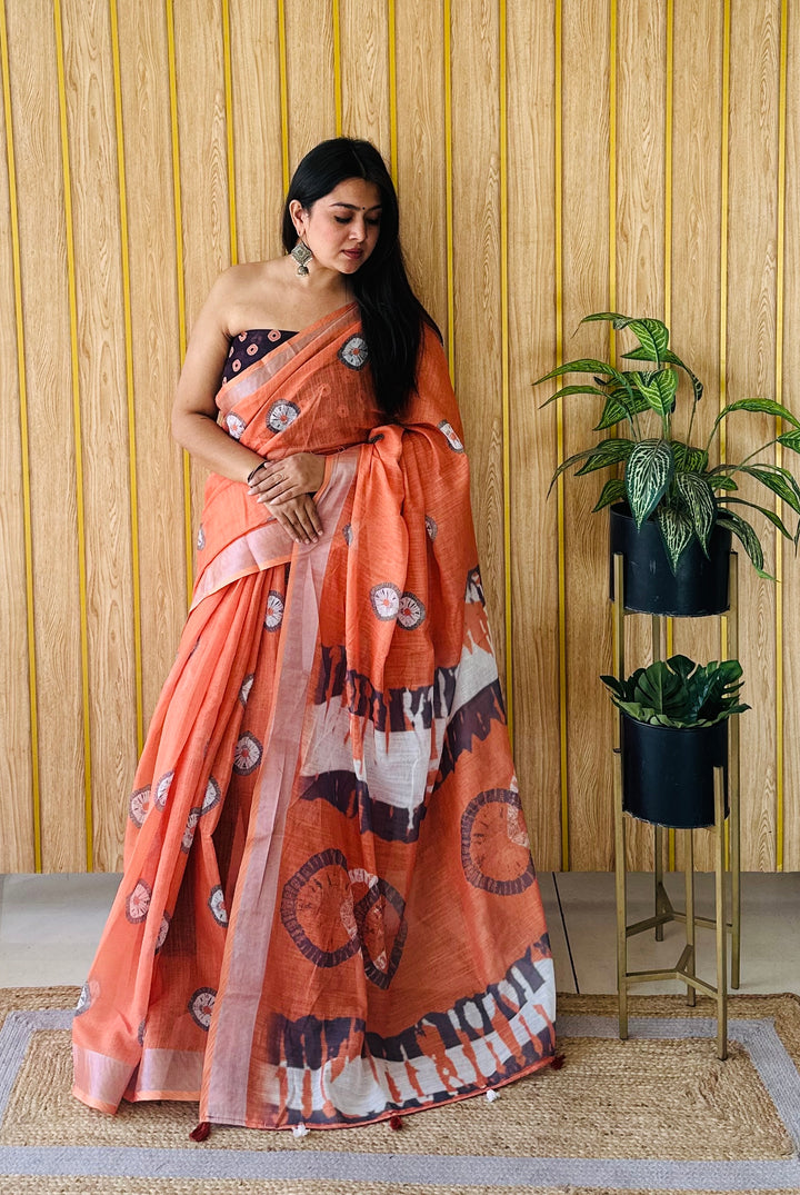 Orange Aarya-4 Soft Linen Cotton Digital Print Sarees With Batik Print With Silver Border