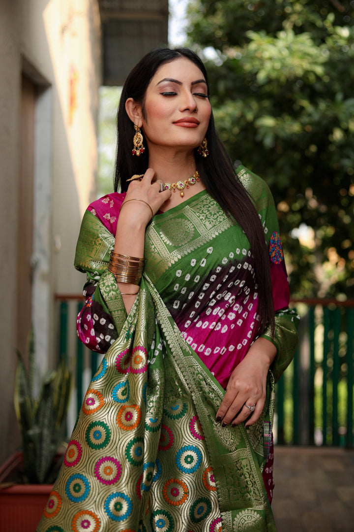 Pink Ishani Pure Bandhej Silk Saree Minakari Weaving Butta With Zari