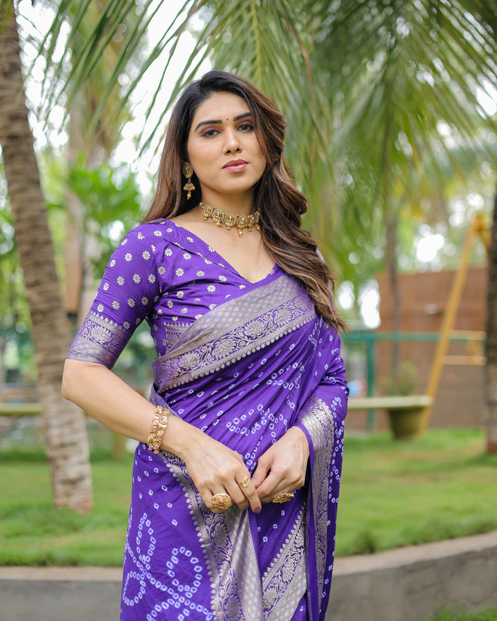 Blue Padmavati Dola Soft Silk Bandhej Saree With All Over Handmade Bandhej With Jari Weaving Border