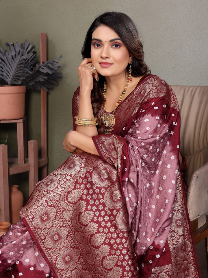 Light Pink Satyavati Bandhej Satin Silk Saree Made By Original Bandhej With Zari Weaving Border