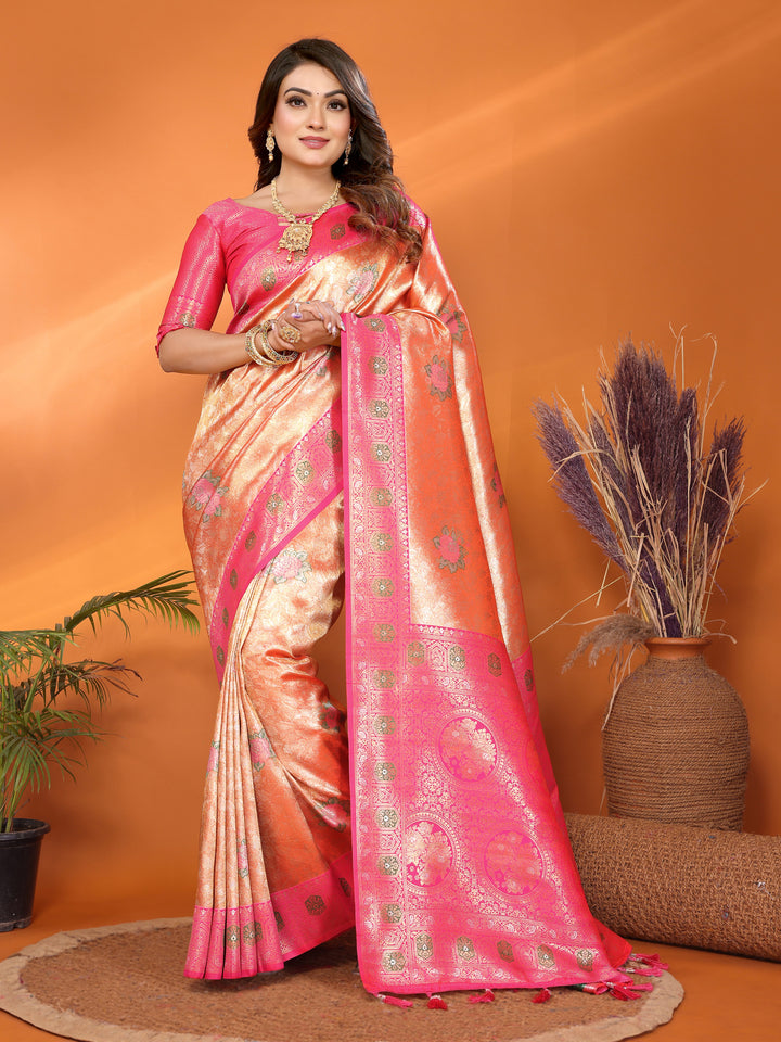 Peach Saroj Banarasi Silk Saree With Contrast Paithani Woven Borders & Pallu