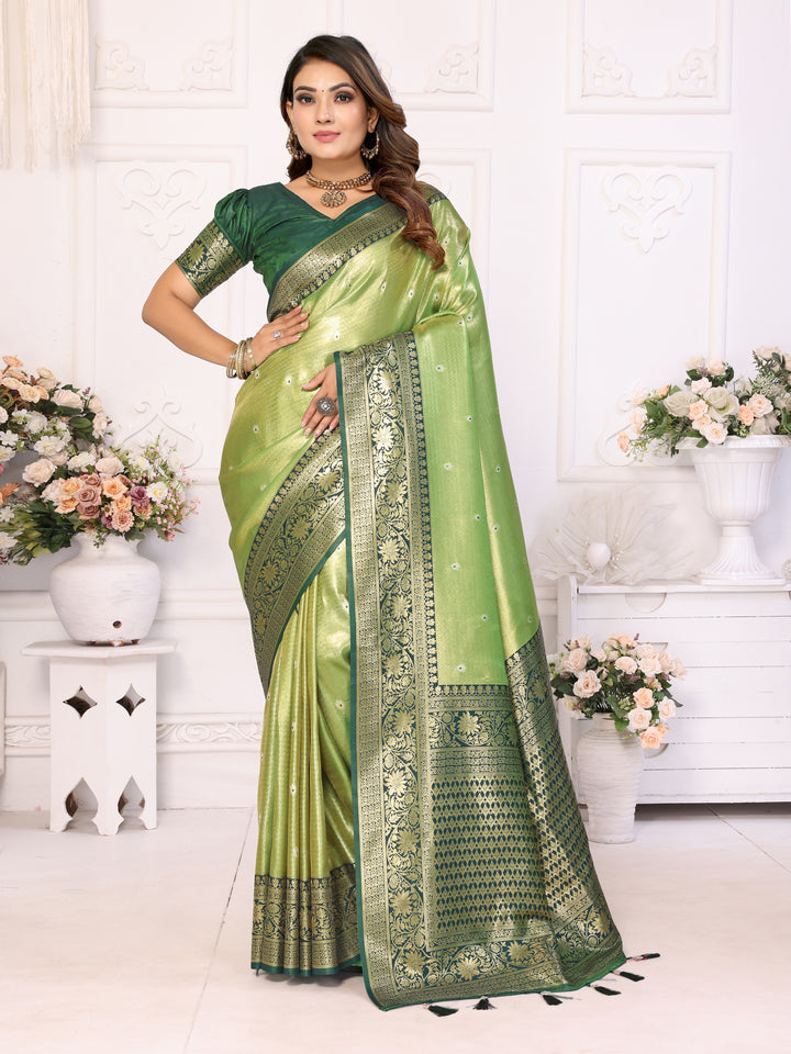 Green Eshwari Banarasi tissue silk  sarees with all over Butti contrast woven borders classic pallu