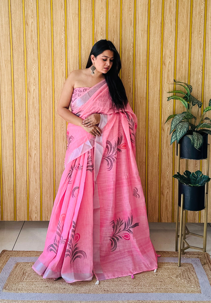 Pink Namrata Soft Linen Cotton Digital Print Sarees With Batik Print With Silver Border