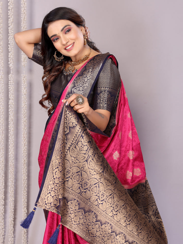 Pink Sandhya Satin Silk Sarees With Butta Designs & Contrast Zari Woven Borders