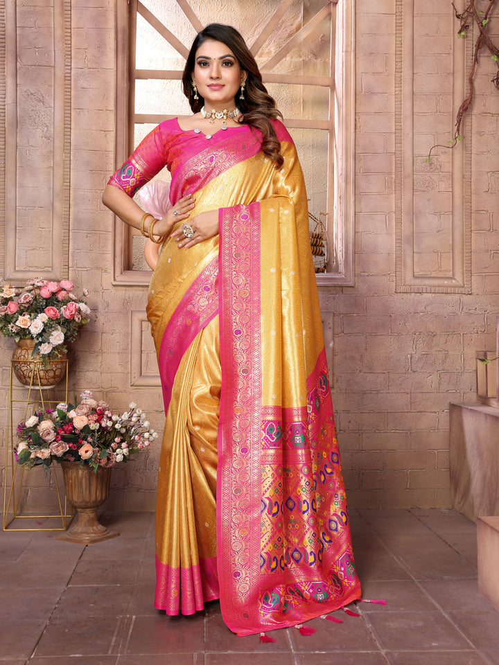 Yellow Vimala Banarasi Silk Saree With Contrast Paithani Woven Borders & Pallu