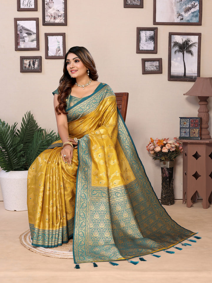 Yellow Hema pure Banarasi Tissues silk sarees Its soft and silky with Meenkari woven border