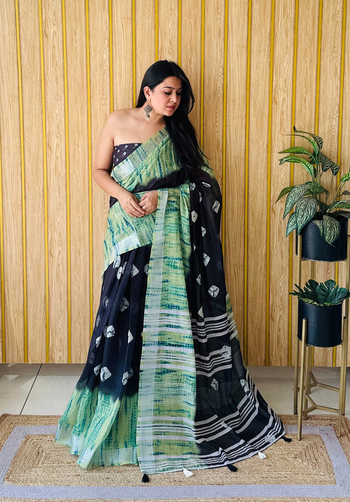 Black Aashvi Soft Linen Cotton Digital Print Sarees With Batik Print With Silver Border