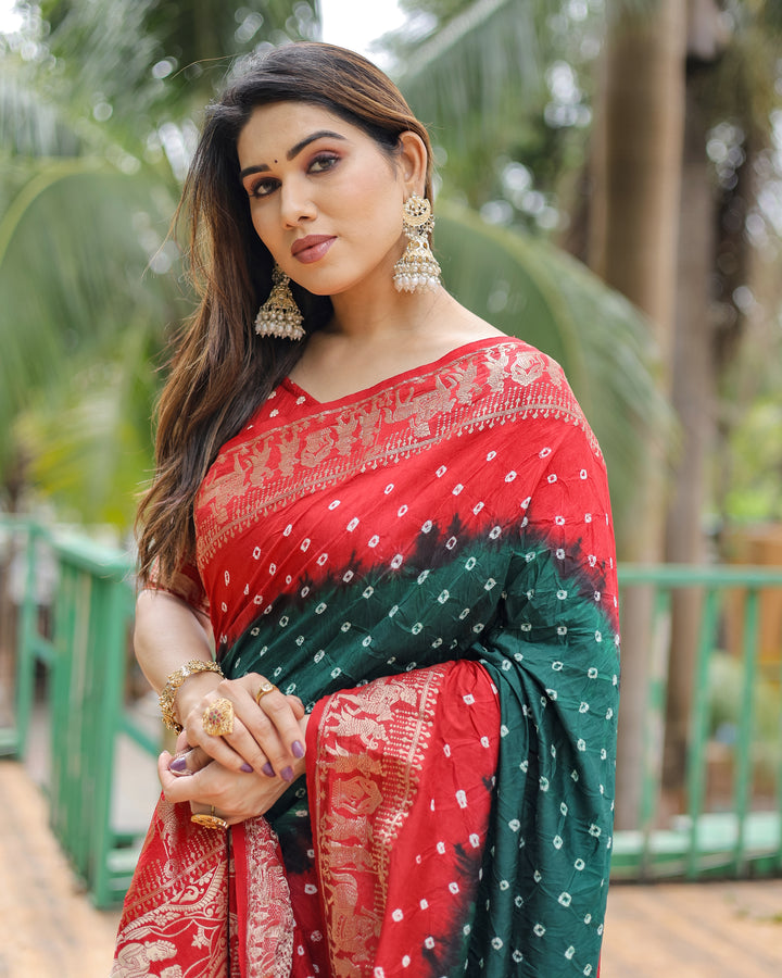 Green Vamika Pure Bandhej Silk Saree With Bandhej Border & Zari Weaving Rich Tissue Pallu