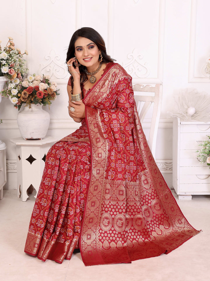 Maroon Samshira Soft Satin Silk Bandhej Print Saree With Zari Border Design And Having Rich Pallu