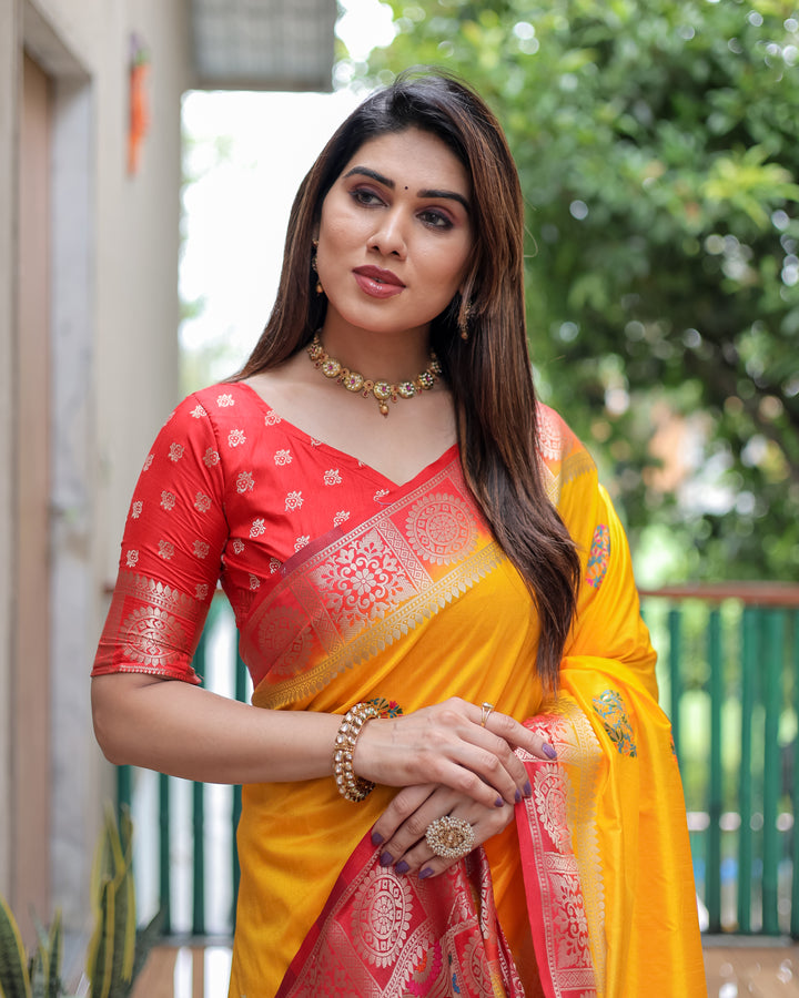 Yellow Kamlika Dola Silk With Unique Butta And Contrast Border & Rich Pallu