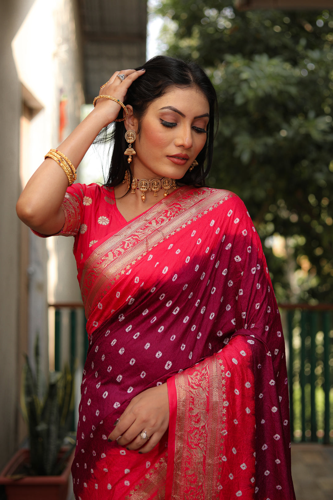 Maroon Vahini Pure Bandhej Silk Saree With Bandhej Border & Zari Weaving Rich Tissue Pallu