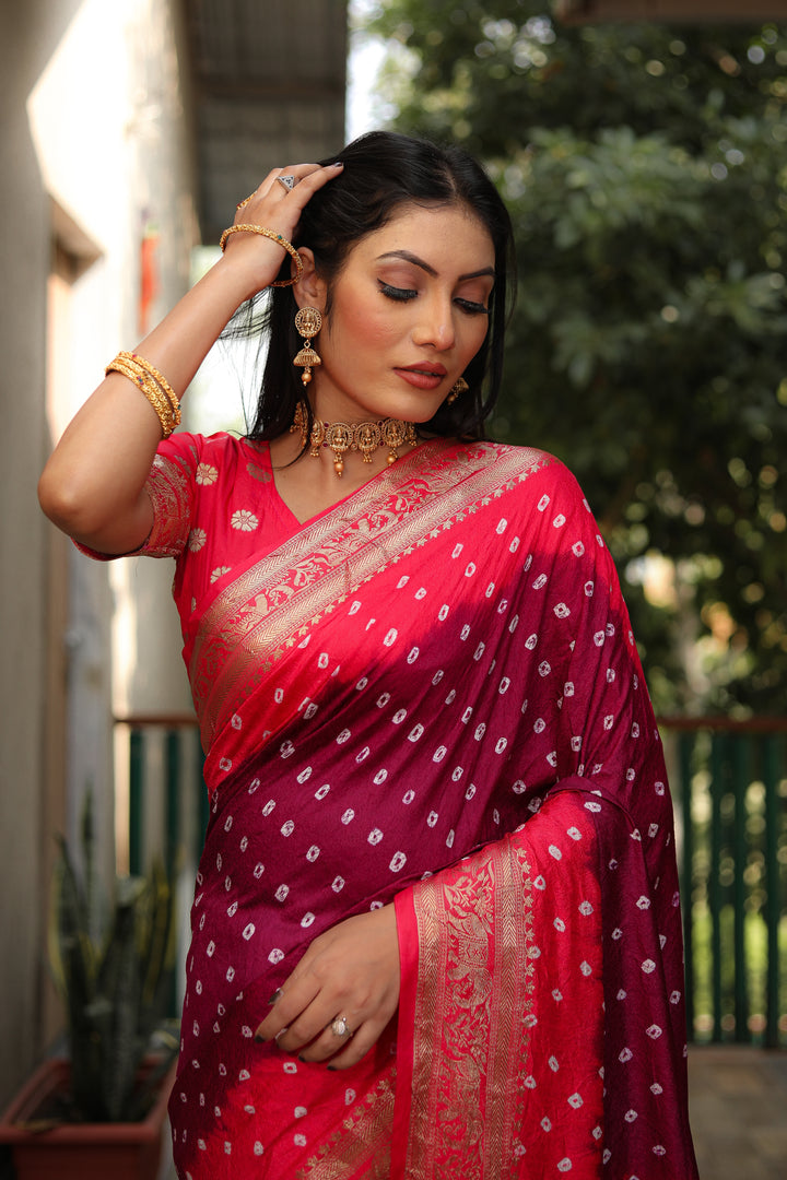 Maroon Vahini Pure Bandhej Silk Saree With Bandhej Border & Zari Weaving Rich Tissue Pallu