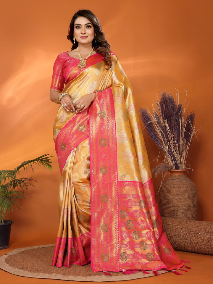 Yellow Sonali Banarasi Silk Saree With Contrast Paithani Woven Borders & Pallu