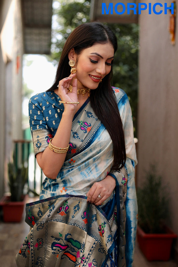 Morpich Poonam Sibori Print Paithani Silk Sarees With Gold Zari Paithani Border & Contrast Rich Pallu