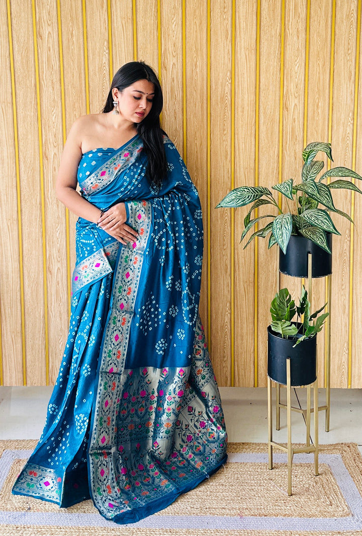 Sky Blue Deewani Pure Bandhej Silk Saree With Patola Border With Zari Weaving Paithani Rich Pallu Saree