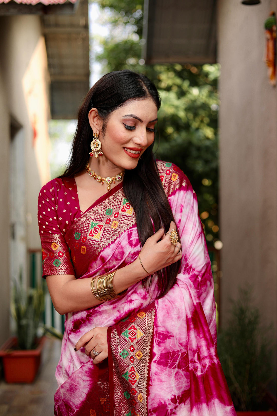 Wine Flora Sibori Print Paithani Silk Sarees  With Gold Zari Paithani Border & Contrast  Rich Pallu