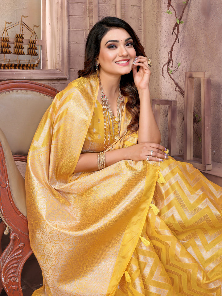 Yellow Dwija Soft Organza Silk Banarasi Saree With Unique Butta With Unique Colours