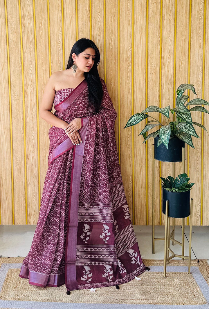 Wine Aarya-2 Soft Linen Cotton Digital Print Sarees With Batik Print With Silver Border