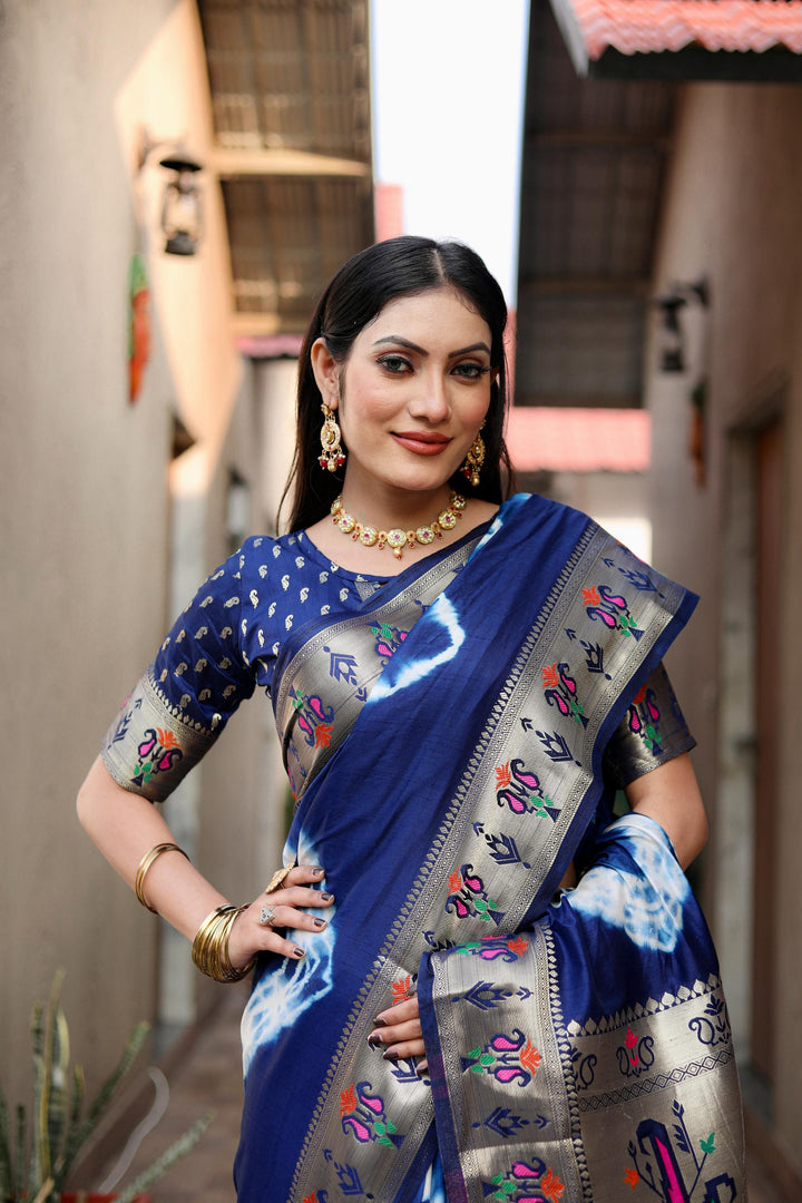 Navy Blue Vatika Sibori Print Paithani Silk Sarees With Gold Zari Paithani Border & Contrast Rich Pallu