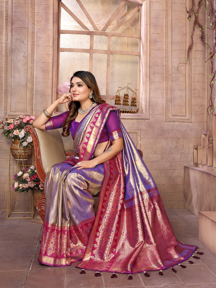 Purple Sundari Banarasi Tissue Silk Saree With Contrast Banarasi Woven Borders & Pallu