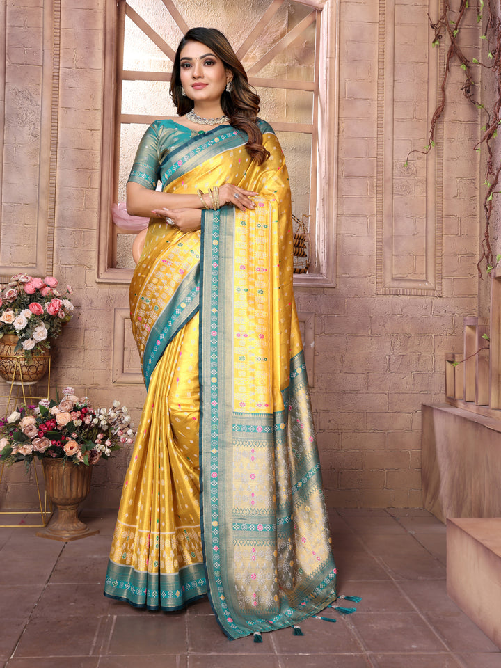 Yellow Tarveni Banarasi Tissue Silk (Patola weaving) Saree With Contrast Patola Woven Borders & Pallu