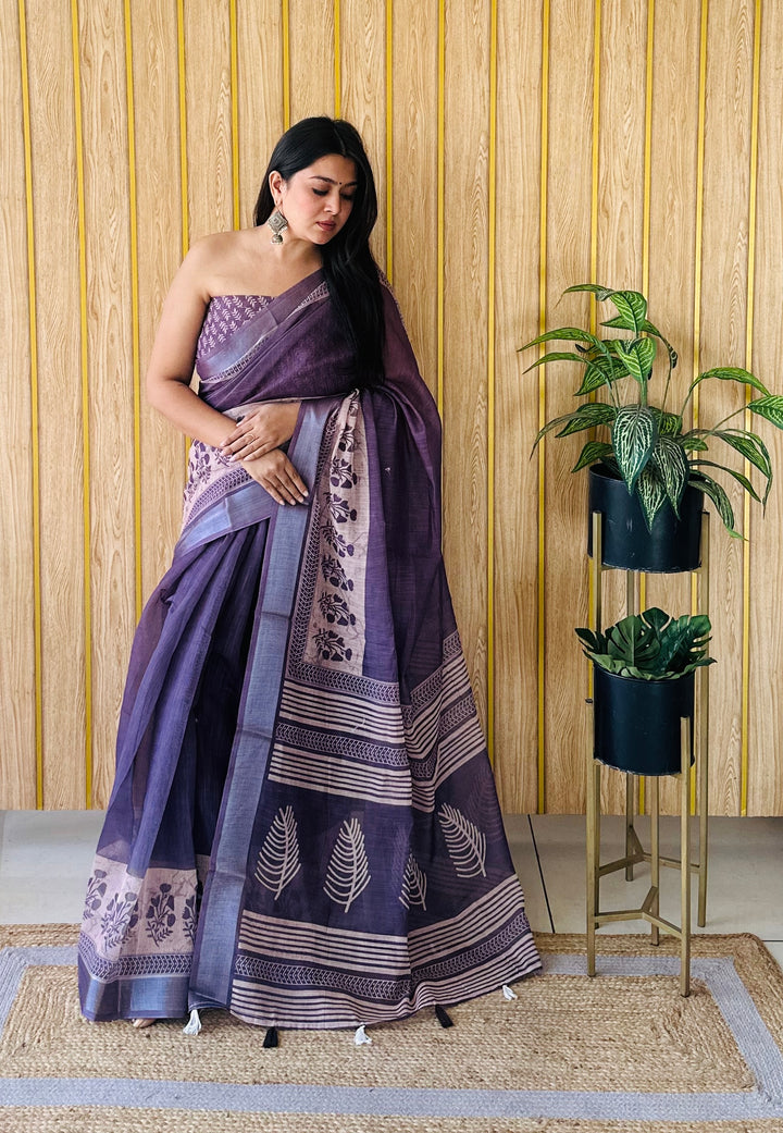 Lime Purple Aarya-3 Soft Linen Cotton Digital Print Sarees With Batik Print With Silver Border