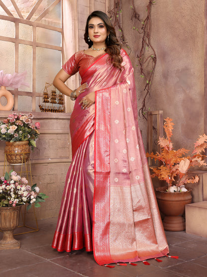 Peach Anita Handloom Tissue Silk Sarees with Zari Weaving Designs and Zari borders Rich Pallu