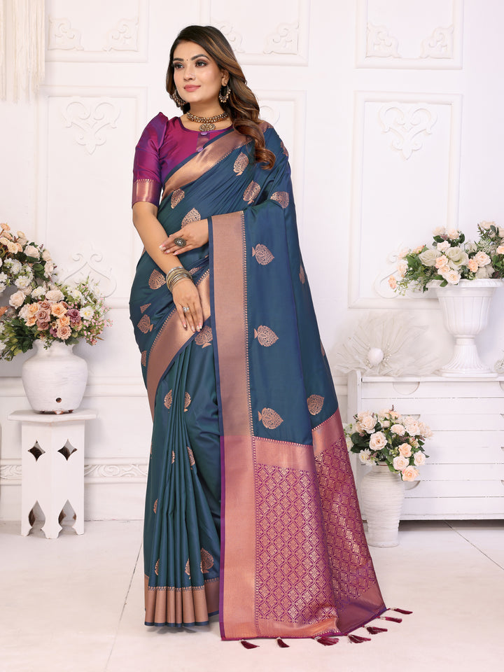 Blue Vardhman Lichi soft Silk sarees woven Butta concept & woven Zari borders both sides