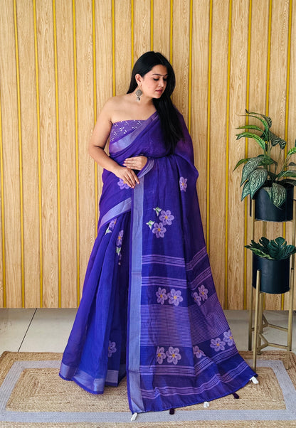Purple Muskan Soft Linen Cotton Digital Print Sarees With Batik Print With Silver Border