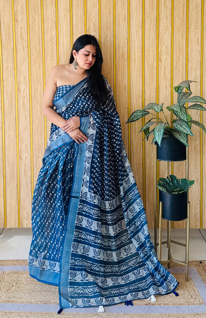 Navy Blue Aarya-1 Soft Linen Cotton Digital Print Sarees With Batik Print With Silver Border