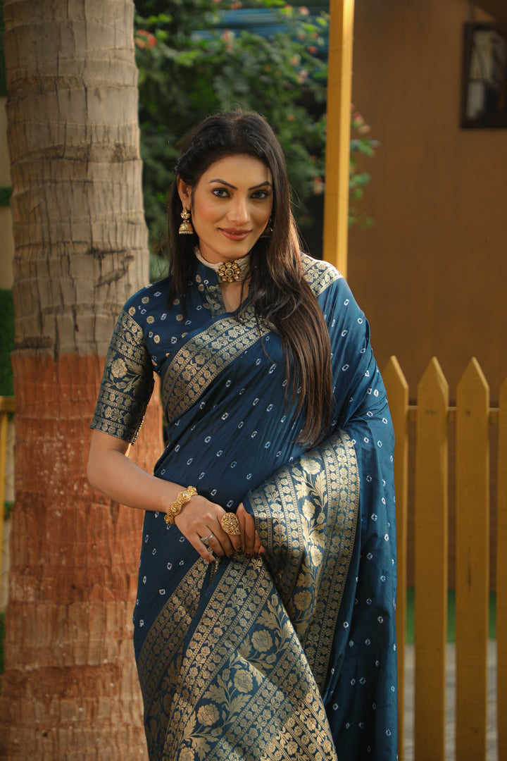 Navy Blue Toral Bandhej Kanjivaram Silk Saree Kanjivaram Border With Zari Weaving Rich Pallu