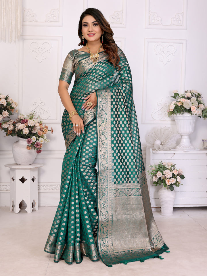 Rama-green Aruni Soft Organza Silk Banarasi Saree With Unique Butta With Unique Colours