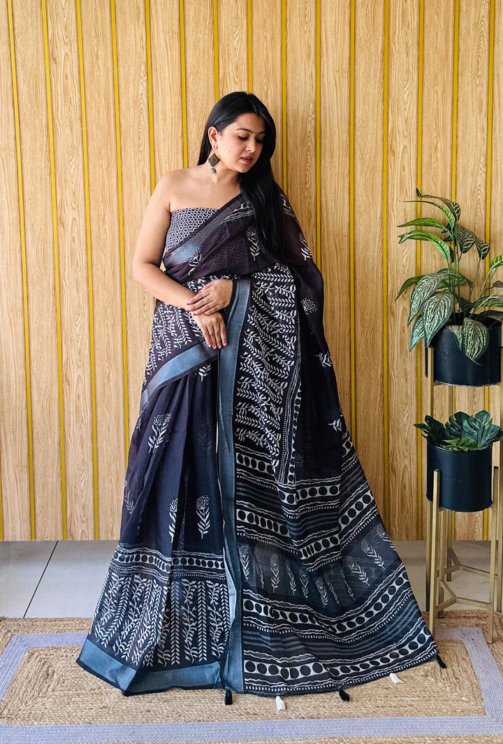 Black Sampurna Soft Linen Cotton Digital Print Saree With Batik Print With Silver Border
