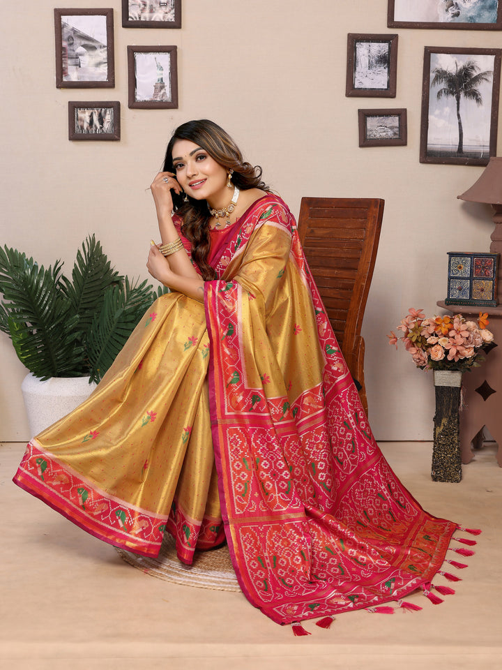 Yellow Surekha Banarasi Silk Saree With Contrast Patola Woven Borders & Pallu