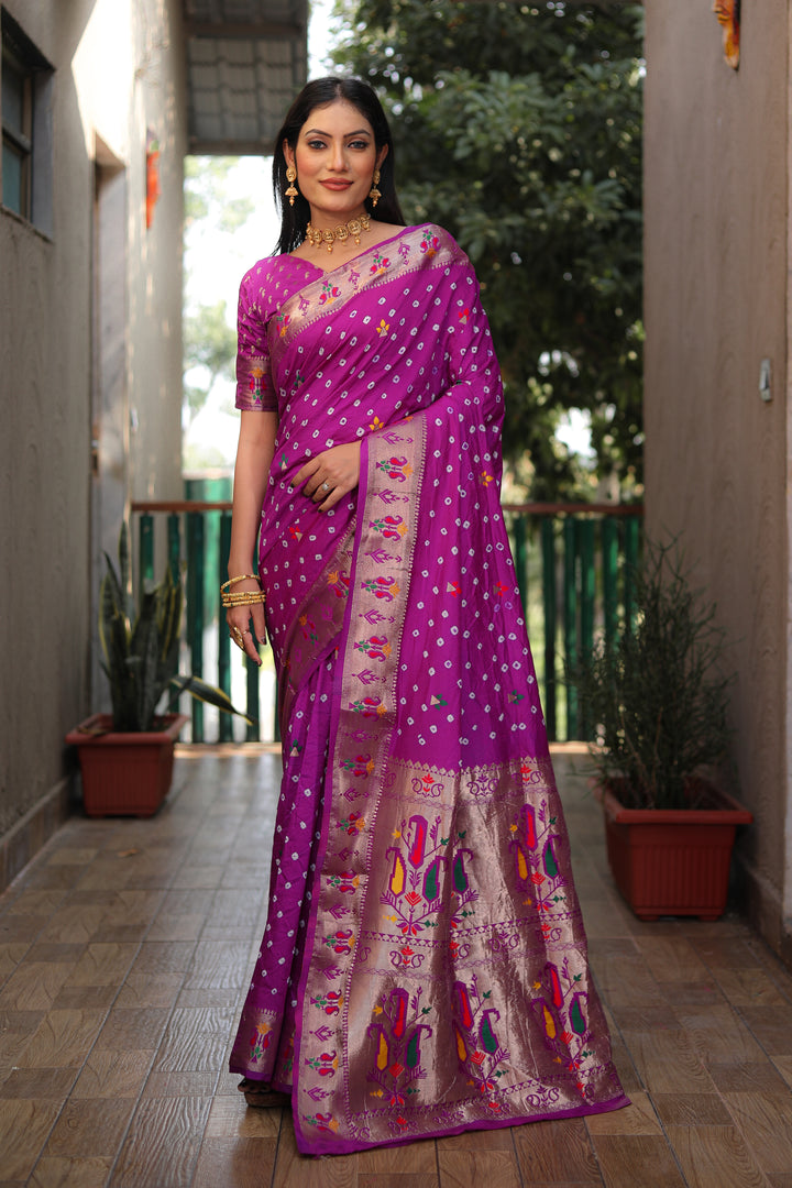 Purple Yogeshwari Dola Soft Silk Bandhej Saree With Jari Border & Weaving Paithani Style Rich Pallu