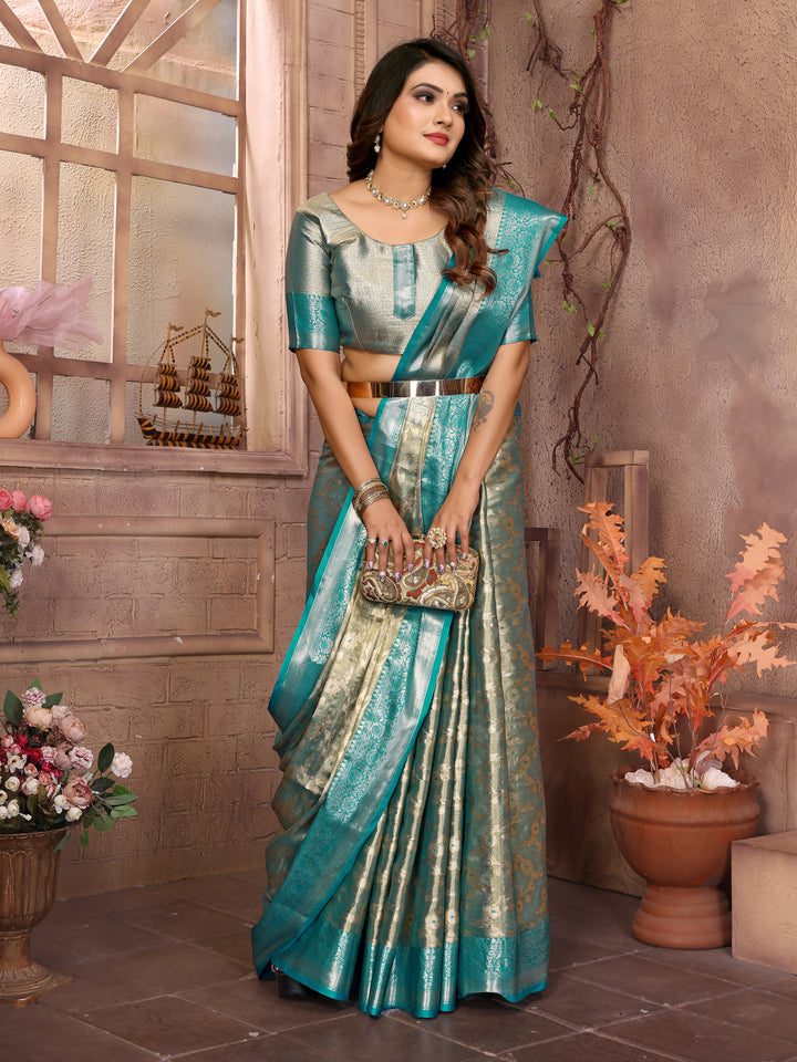 Sky Blue Vanita Tissue Silk Saree Zari Designs and Contrast Zari Borders & Rich Pallu